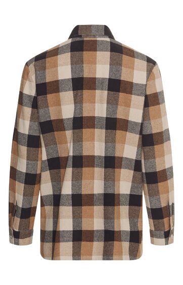 Herrenhemd, mehrfarbig beige, braun, schwarz, kariert, langärmlich, mit Kragen, gerader Saum, Rückansicht