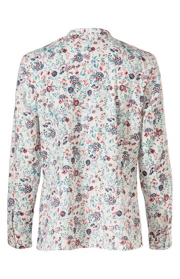 Langärmlige Bluse, weiße Grundfarbe mit mehrfarbigem Blumenmuster, klassischer Kragen, durchgehende Knopfleiste, gerade Passform, Rückansicht
