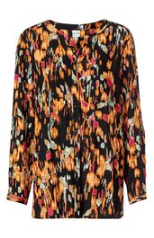 Longsleeve-Bluse in Schwarz mit abstraktem Muster in Orange, Pink, Weiß, V-Ausschnitt mit kurzer Knopfleiste, locker fallende Form, lange Ärmel mit schmalen Manschetten