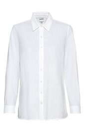Hemdbluse in Weiß, durchgehend mit weißen Knöpfen, klassischer spitzer Kragen, lange Ärmel mit Manschetten, gerade geschnitten ohne Muster