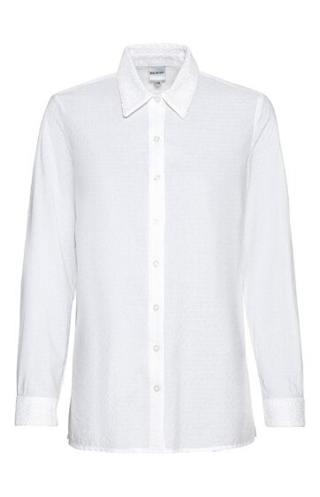 Hemdbluse in Weiß, durchgehend mit weißen Knöpfen, klassischer spitzer Kragen, lange Ärmel mit Manschetten, gerade geschnitten ohne Muster
