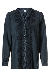 Dunkelblaue Bluse mit floralem Muster auf Brust und Ärmelansatz, durchgehende Knopfleiste, Stehkragen, lange Ärmel mit Knopfmanschetten, gerade geschnitten