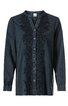 Dunkelblaue Bluse mit floralem Muster auf Brust und Ärmelansatz, durchgehende Knopfleiste, Stehkragen, lange Ärmel mit Knopfmanschetten, gerade geschnitten
