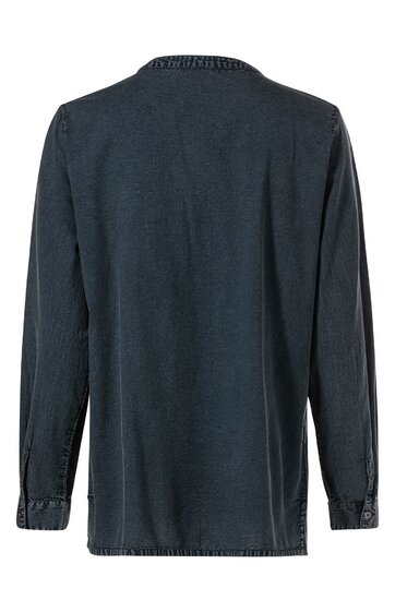 Dunkelblaue lange Herrenbluse ohne Muster, gerader Schnitt, Rundhalsausschnitt, lange Ärmel mit Knopfmanschetten, Rückansicht