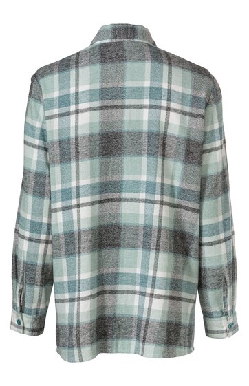 Kariertes Hemd in Hellgrau, Türkis und Weiß, langärmlig, gerader Schnitt, mit Kragen, Rückenansicht, Manschetten mit Knöpfen