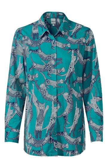 Türkisfarbene Bluse mit Zebramuster in Schwarz und Weiß, Hemdkragen, durchgehende Knopfleiste, lange Ärmel, gerade geschnitten