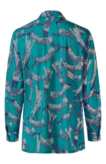 Türkisfarbene Bluse mit Zebramuster in Schwarz und Weiß, langer Kragen, lange Ärmel, gerade geschnitten, Rückansicht