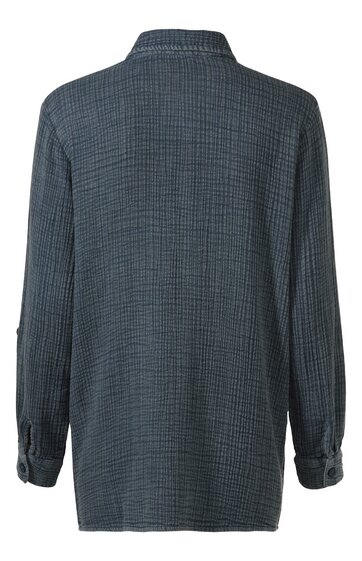 Herrenhemd in dunklem Blau mit kleinem Karomuster, langer Ärmel, mit Manschetten und Knöpfen, gerade geschnitten, Rückenansicht