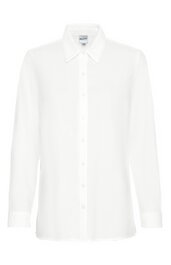 Weiße Bluse, uni, Hemdblusenkragen, durchgehende Knopfleiste, lange Ärmel, gerade geschnitten