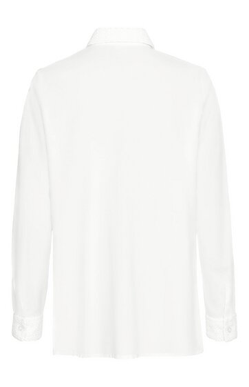 Weiße Bluse ohne Muster, langärmlig, mit Hemdkragen, Knopfleiste an den Manschetten, gerade geschnitten, Rückansicht