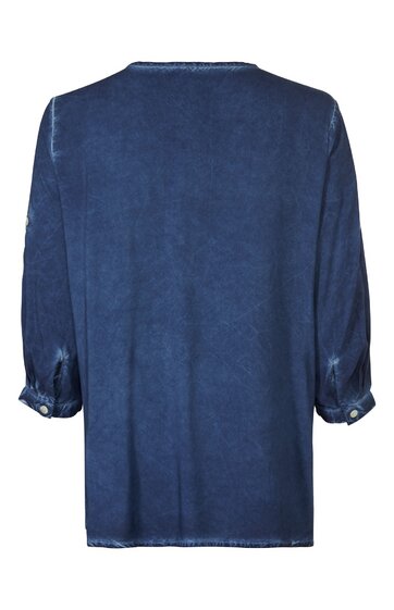 Damenbluse in dunkelblau, unifarben, lange Ärmel mit Knopfmanschetten, Rundhalsausschnitt, gerade geschnitten