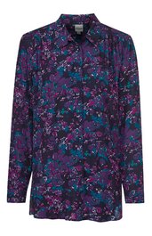 Langärmlige Damenbluse in dunklem Violett mit mehrfarbigem floralem Muster, Hemdblusenkragen, Knopfleiste vorne, gerade geschnitten