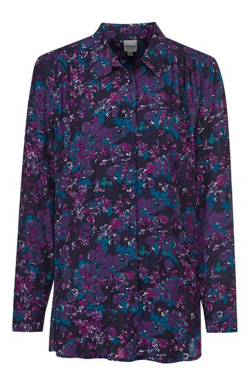 Langärmlige Damenbluse in dunklem Violett mit mehrfarbigem floralem Muster, Hemdblusenkragen, Knopfleiste vorne, gerade geschnitten