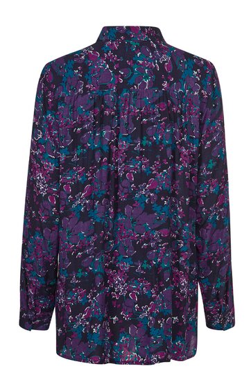 Lila Bluse mit Blumenmuster in Blau und Pink, langärmlig, Knopfleiste vorne, klassischer Hemdblusenkragen, gerade geschnitten, Rückenansicht