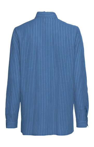 Blaues Hemd mit dunkleren senkrechten Streifen, Stehkragen, lange Ärmel mit Manschetten, Rückenansicht, gerade geschnitten