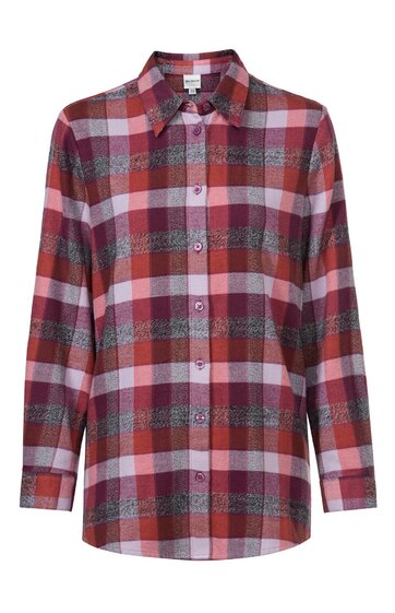 Langärmliges Hemd in Braunrot, Hellrosa, Dunkelgrau kariert, Hemdblusenkragen, durchgehende Knopfleiste, gerade geschnitten, ohne weitere Verzierungen