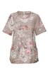 Kurzärmeliges Damenoberteil in taupe mit großflächigem weißen und rosa Blumenmuster, Rundhalsausschnitt, lockere Passform, leicht verlängerter Saum mit seitlichen Eingrifftaschen