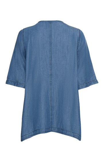 Blaues T-Shirt, einfarbig, kurze Ärmel, Rundhalsausschnitt, gerade geschnitten, hinten abgebildet