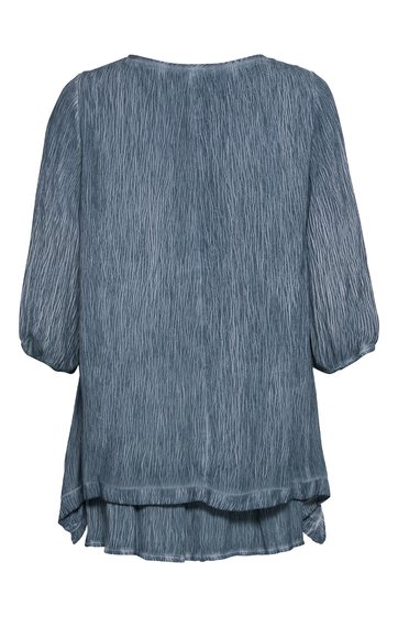 Bluse in graublau mit strukturierter Oberfläche, lange Ärmel mit elastischem Abschluss, runder Halsausschnitt, lockere Passform, asymmetrischer mehrlagiger Saum
