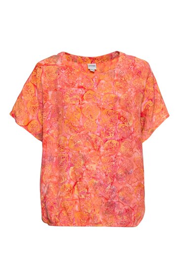 Kurzärmliges Damenoberteil in Korallenrot mit abstraktem Blumenmuster, rundem Ausschnitt, lockere Passform, gerade geschnittener Saum