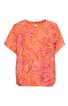 Kurzärmliges Damenoberteil in Korallenrot mit abstraktem Blumenmuster, rundem Ausschnitt, lockere Passform, gerade geschnittener Saum