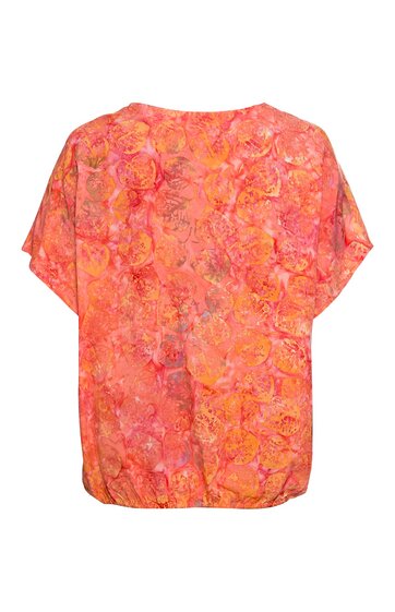 Locker geschnittene Bluse in orange und rosa mit abstraktem Blumenmuster, kurzer überschnittener Ärmel, runder Ausschnitt, elastischer Saumabschluss