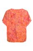 Locker geschnittene Bluse in orange und rosa mit abstraktem Blumenmuster, kurzer überschnittener Ärmel, runder Ausschnitt, elastischer Saumabschluss