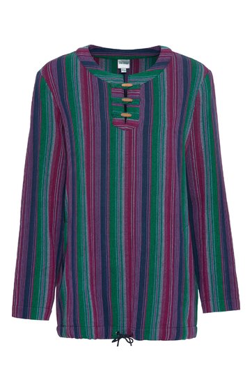Langarmshirt in dunklem Grün, Blau und Pink gestreift, runder Kragen mit kurzer Knopfleiste, lange Ärmel, gerader Schnitt, Kordelzug am Saum