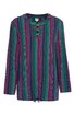 Langarmshirt in dunklem Grün, Blau und Pink gestreift, runder Kragen mit kurzer Knopfleiste, lange Ärmel, gerader Schnitt, Kordelzug am Saum