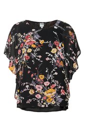 Schwarze Bluse mit buntem Blumenmuster in Gelb, Pink und Weiß, Rundhalsausschnitt, kurze Fledermausärmel, locker geschnitten