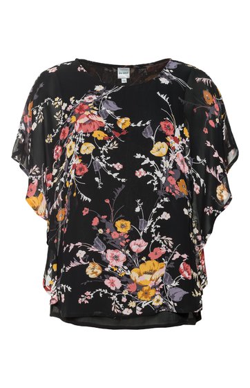 Schwarze Bluse mit buntem Blumenmuster in Gelb, Pink und Weiß, Rundhalsausschnitt, kurze Fledermausärmel, locker geschnitten