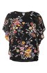 Schwarze Bluse mit buntem Blumenmuster in Gelb, Pink und Weiß, Rundhalsausschnitt, kurze Fledermausärmel, locker geschnitten