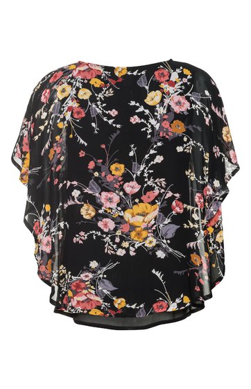 Schwarze Bluse mit mehrfarbigem Blumenmuster in Gelb, Rosa und Orange, überschnittene kurze Ärmel, runder Ausschnitt, lockere, weite Passform