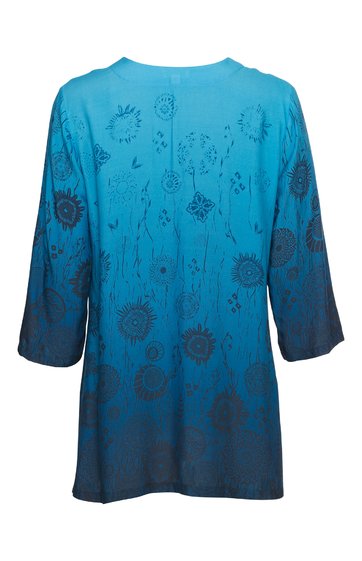 Langärmliges Oberteil in türkis mit dunklem Farbverlauf nach unten, floral abstraktes Muster in Dunkelblau, Rundhalsausschnitt, gerade geschnitten