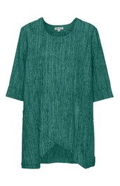 Türkisgrünes Damenoberteil mit Rundhalsausschnitt, dreiviertellangen Ärmeln, asymmetrischem Saum, unifarben, locker geschnitten