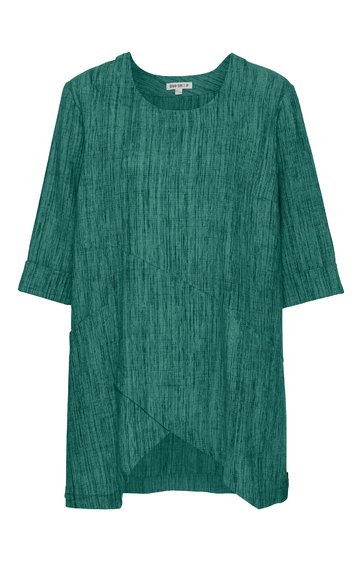 Türkisgrünes Damenoberteil mit Rundhalsausschnitt, dreiviertellangen Ärmeln, asymmetrischem Saum, unifarben, locker geschnitten