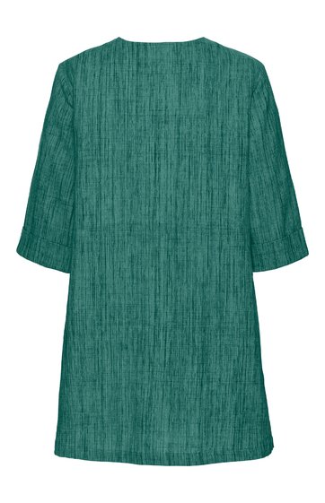 Tunika in dunklem Petrol mit feinem Streifenmuster, Rundhalsausschnitt, 3/4-lange Ärmel, gerade geschnitten, hinten abgebildet