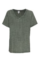 Grünes T-Shirt mit schwarzem Karomuster, kurzer Arm, Rundhalsausschnitt mit Ziernähten, gerade geschnitten