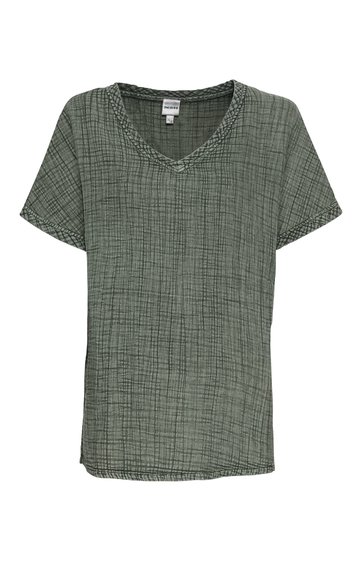 Grünes T-Shirt mit schwarzem Karomuster, kurzer Arm, Rundhalsausschnitt mit Ziernähten, gerade geschnitten