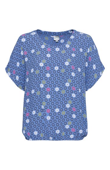 Kurzärmeliges Damenoberteil in Blautönen mit rundem Ausschnitt, locker fallend, Allover-Kreise-Muster in verschiedenen Blau- und Rottönen, ohne Kragen oder Knöpfe