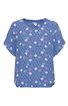 Kurzärmeliges Damenoberteil in Blautönen mit rundem Ausschnitt, locker fallend, Allover-Kreise-Muster in verschiedenen Blau- und Rottönen, ohne Kragen oder Knöpfe