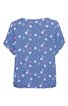 Blaues Damenoberteil mit kurzem weiten Arm, rundem Ausschnitt, allover Muster aus weißen und rosa Kreisen, lockere Passform