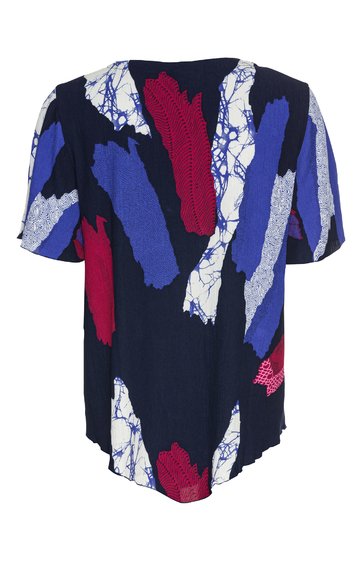 Damenoberteil dunkelblau mit abstraktem Muster in rot, blau und weiß, Rundhalsausschnitt, kurze Ärmel, lockere Passform