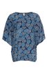 Blaues Damenoberteil mit rundem Ausschnitt, 3/4 langen weiten Ärmeln, bedruckt mit weißen und hellblauen Spiralmustern, gerade geschnitten