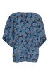 Blaues Oberteil mit weißen und hellblauen Spiralmustern, lockere Passform, kurze Fledermausärmel, Rundhalsausschnitt, keine sichtbaren Verschlüsse
