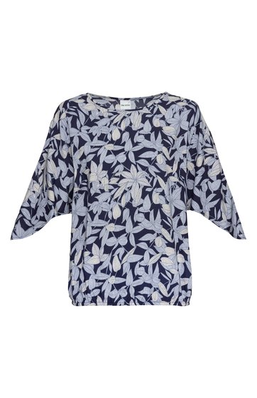 Damenbluse dunkelblau mit weißem Blattmuster, weite 3/4-Ärmel, Rundhalsausschnitt, lockere Passform