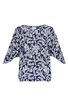 Damenbluse dunkelblau mit weißem Blattmuster, weite 3/4-Ärmel, Rundhalsausschnitt, lockere Passform