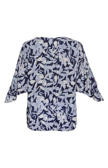 Damenbluse in Dunkelblau mit weißem Blumenmuster, V-Ausschnitt, lockerer Schnitt, 3/4-lange Ärmel, leicht abgerundeter Saum