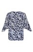 Damenbluse in Dunkelblau mit weißem Blumenmuster, V-Ausschnitt, lockerer Schnitt, 3/4-lange Ärmel, leicht abgerundeter Saum