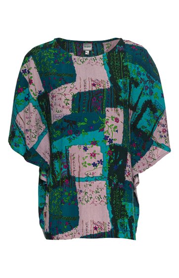 Locker geschnittenes Oberteil mit Fledermausärmeln, gemustert mit großen rechteckigen Flächen in türkis, rosa, dunkelgrün, florale Details, rundem Halsausschnitt, gerade Form